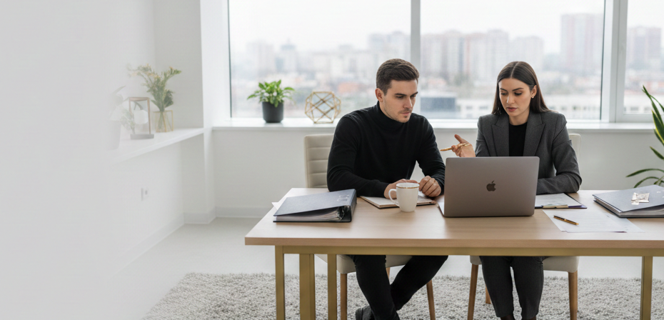 Professional talent manager discussing career strategy and brand collaborations with a creator in a modern office