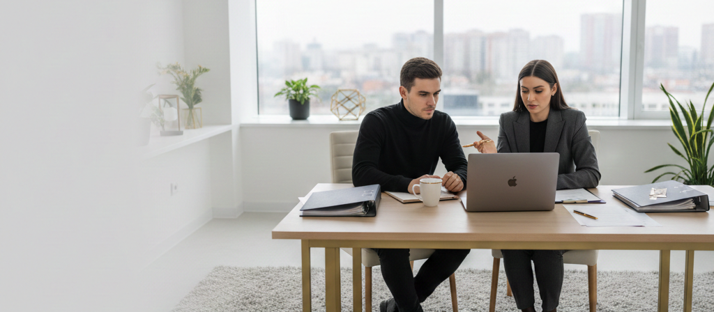 Professional talent manager discussing career strategy and brand collaborations with a creator in a modern office