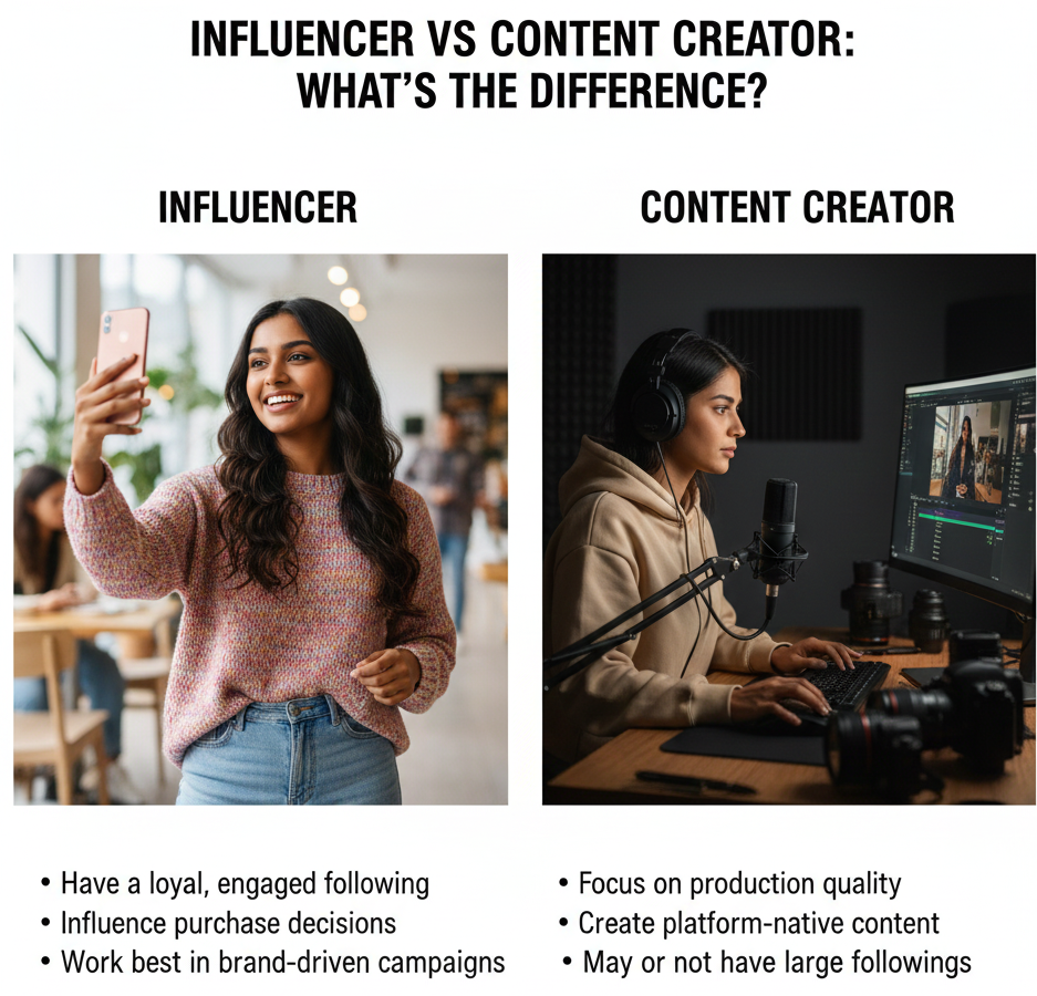 Comparison between an influencer building audience trust and a content creator producing branded content